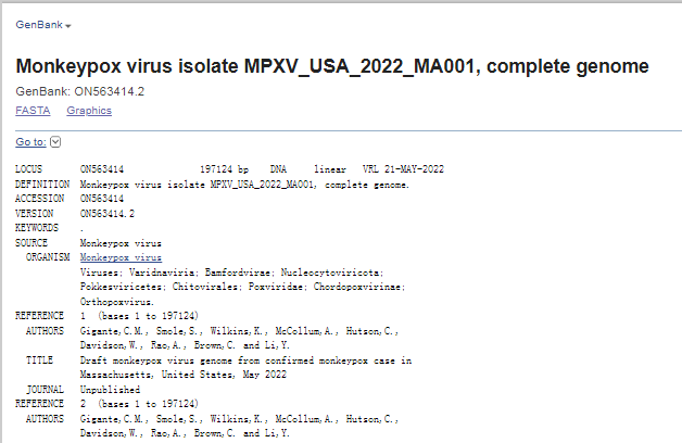 美國馬塞諸塞州確診的猴痘患者所攜帶病毒的基因測序結(jié)果